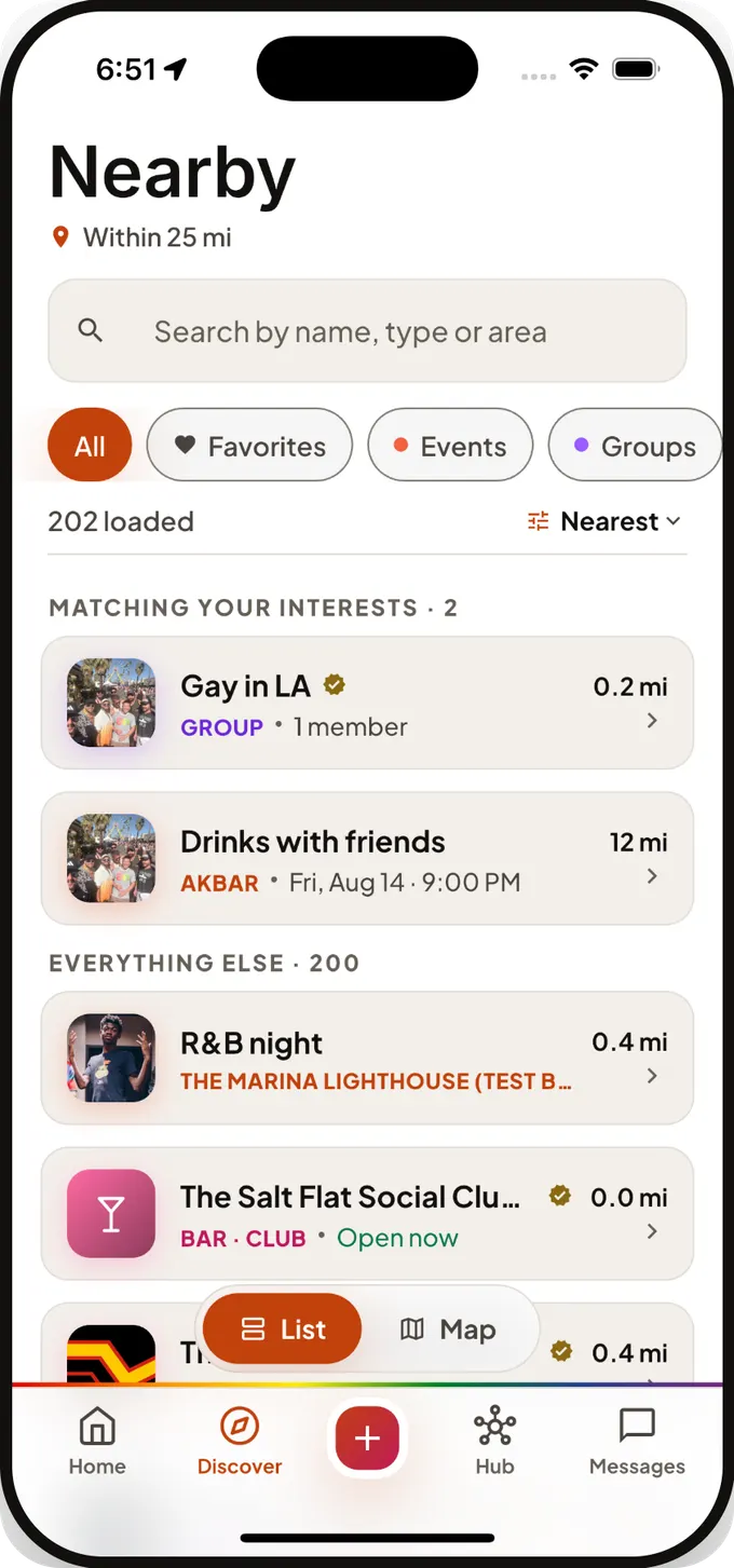 The Nearby list in Qlub, showing groups and events within 25 miles with filter chips for Favorites, Events and Groups.