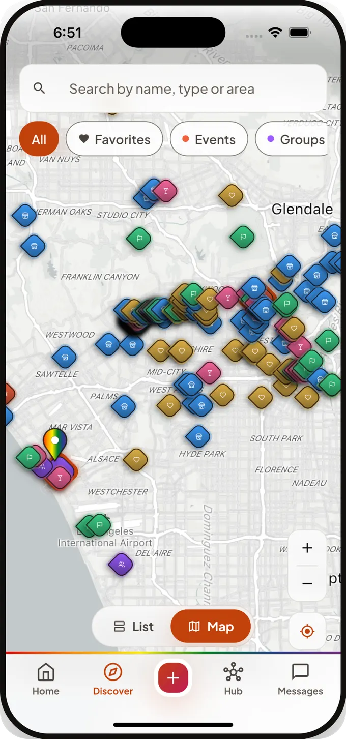 A map of Los Angeles covered in colour-coded Qlub pins for bars, events, groups and community spots.