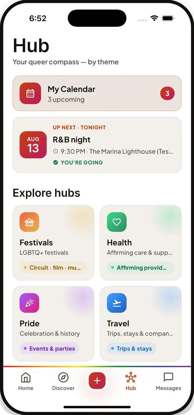 The Qlub Hub, with My Calendar at the top and tiles for Festivals, Health, Pride and Travel.