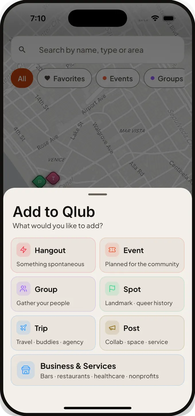 The Add to Qlub sheet, offering Hangout, Event, Group, Spot, Trip, Post, and Business & Services.