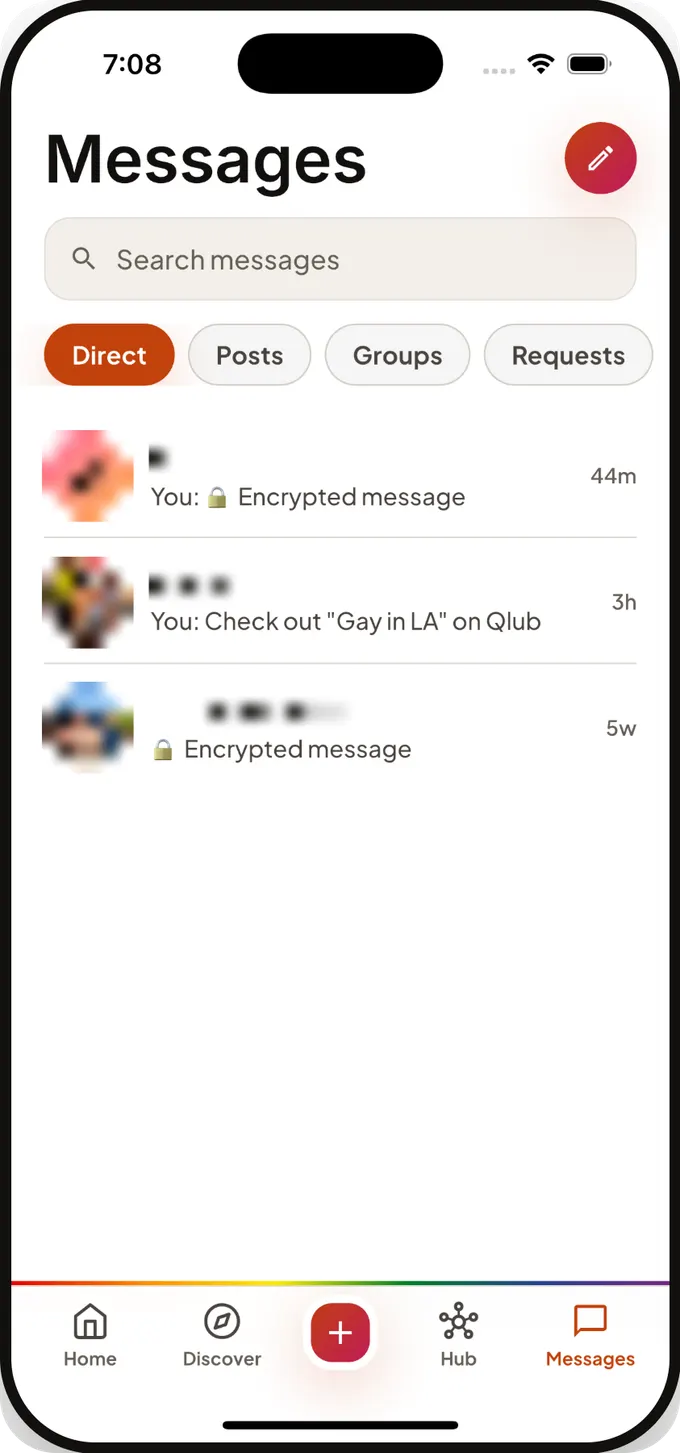 The Messages tab with Direct, Posts, Groups and Requests filters, showing encrypted conversations.