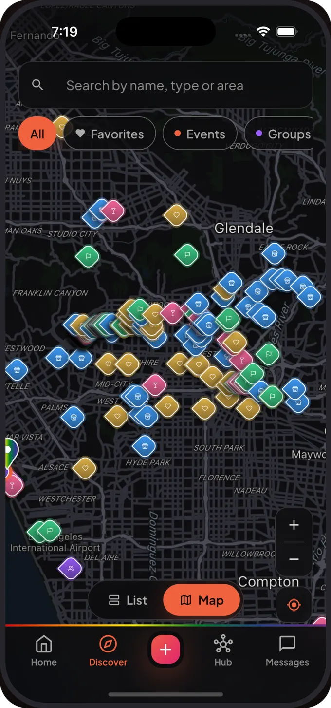 The Qlub map in dark mode, pins glowing over a near-black city.