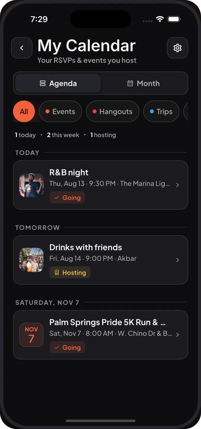 My Calendar in agenda view, showing events marked Going and Hosting across the coming weeks.
